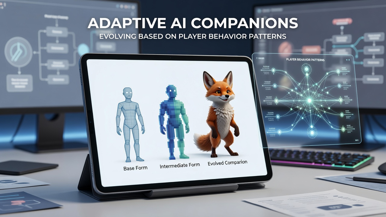 Tablet screen displaying an adaptive AI companion character responding to player choices in a narrative game