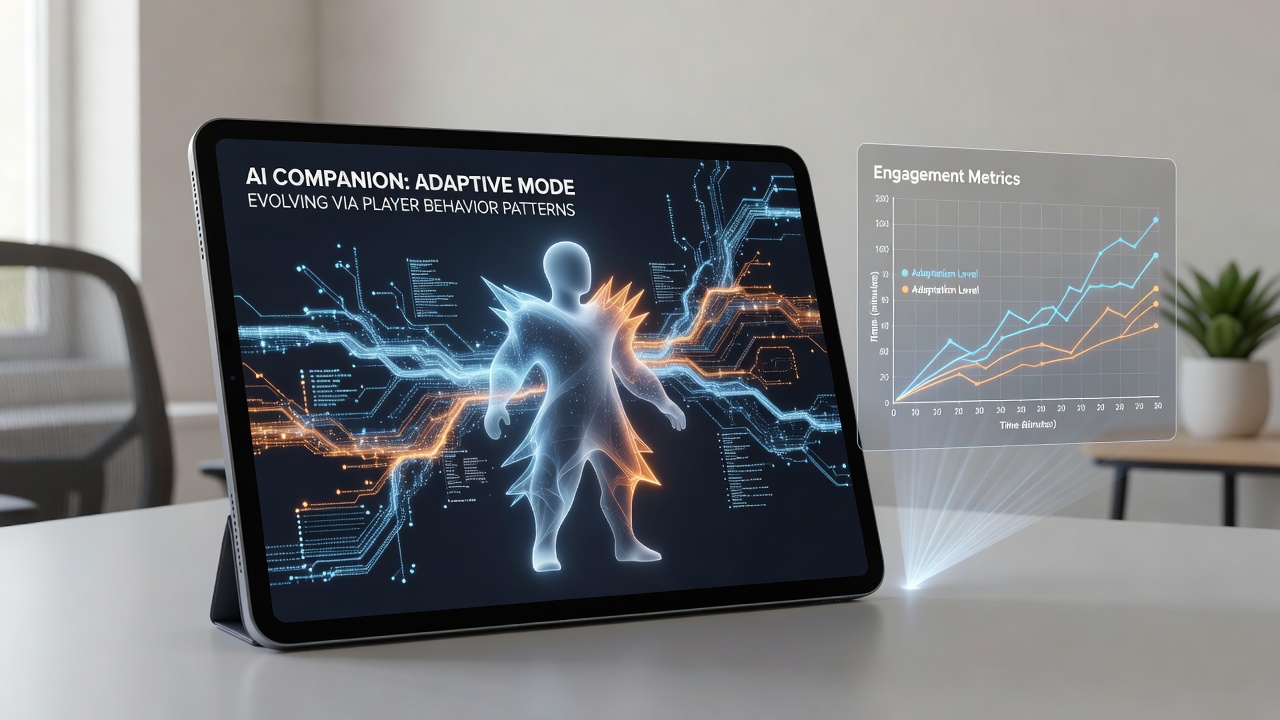 Close-up of tablet interface showing AI companion evolution stages based on accumulated player behavior data