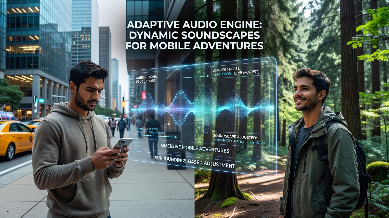 Mobile device screen showing adaptive audio engine interface with environmental sound mapping in an immersive adventure game