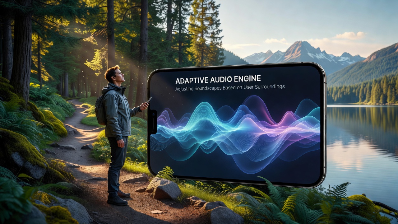 Developer workstation displaying code and waveform visualizations for adaptive audio adjustments tied to real-world location data
