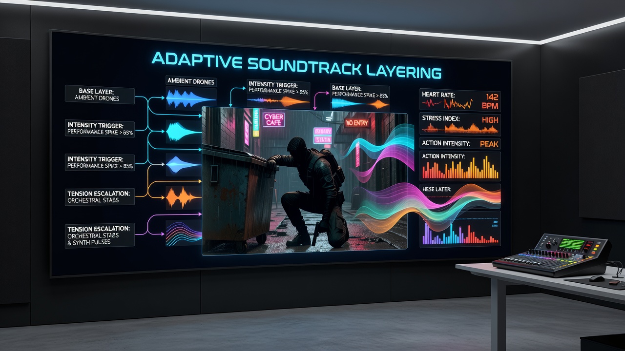 Close-up of smartphone screen showing horror game audio mixer responding to performance data