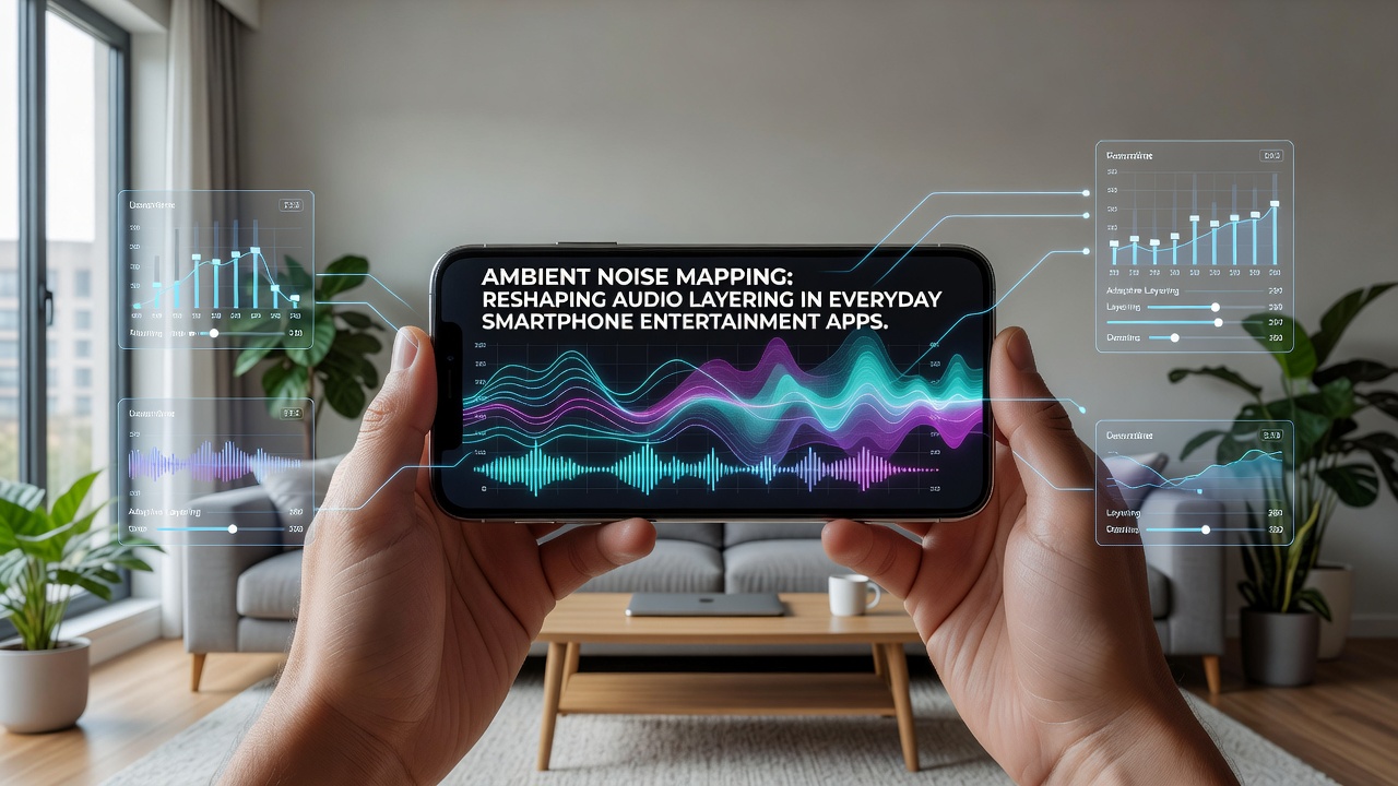 Close-up of smartphone audio mixing interface showing real-time ambient noise mapping overlays