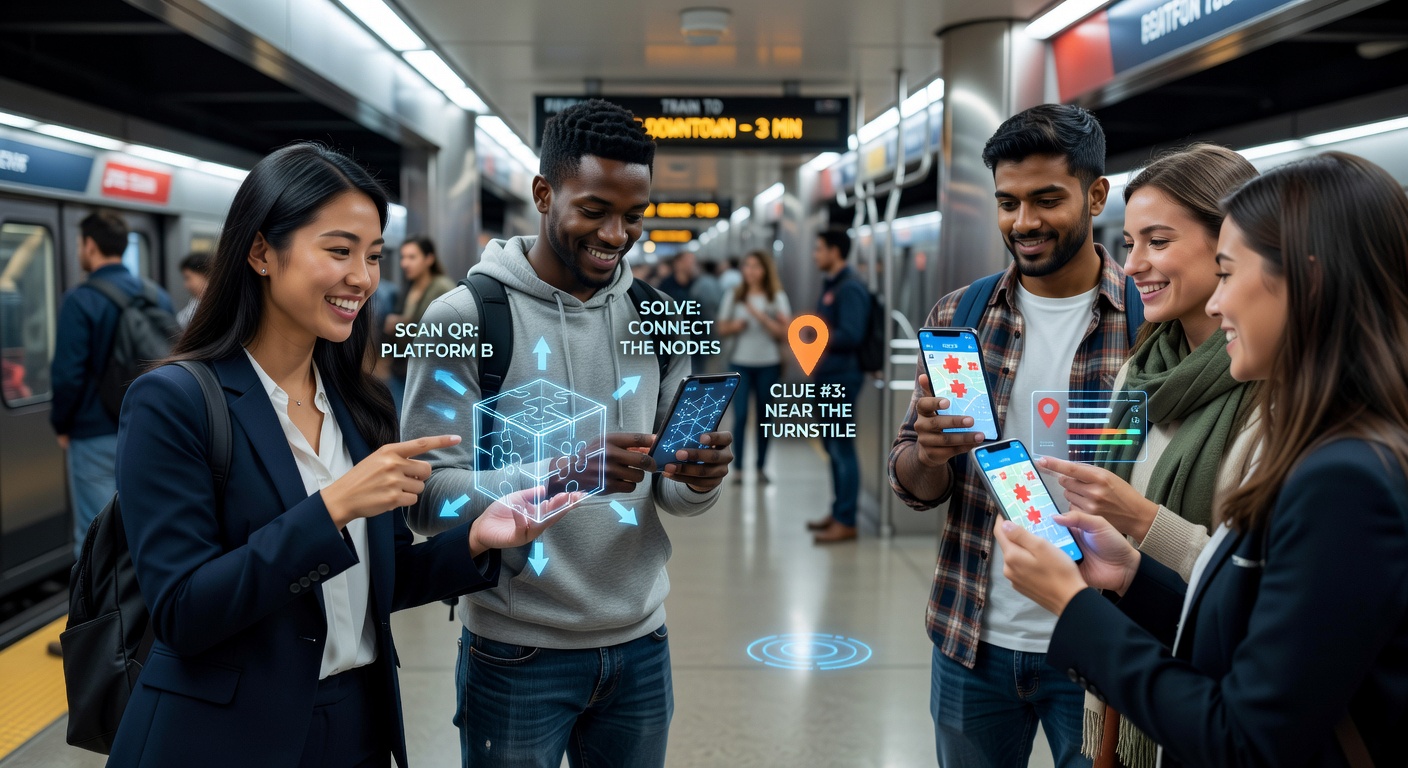 Smartphone displaying AR puzzle hunt overlay on a city bus during morning commute, with digital clues integrated into real-world surroundings