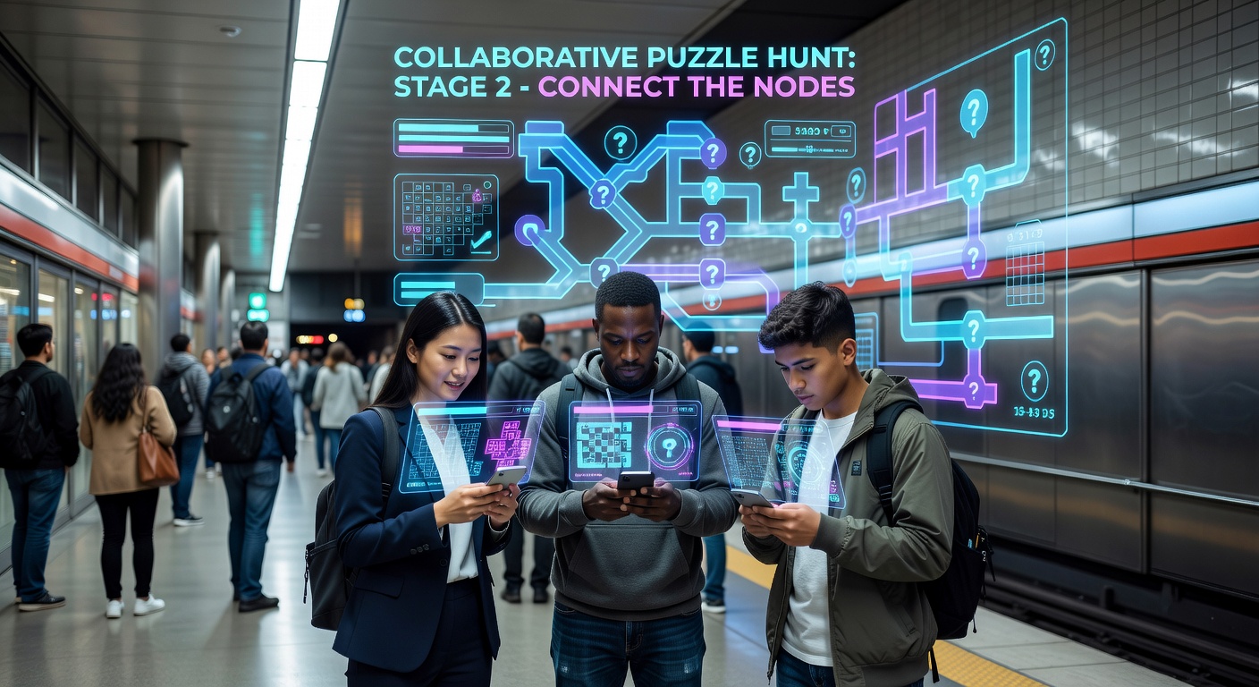 Group of commuters collaborating on a smartphone AR puzzle hunt inside a subway car, showing overlaid digital elements and shared progress indicators