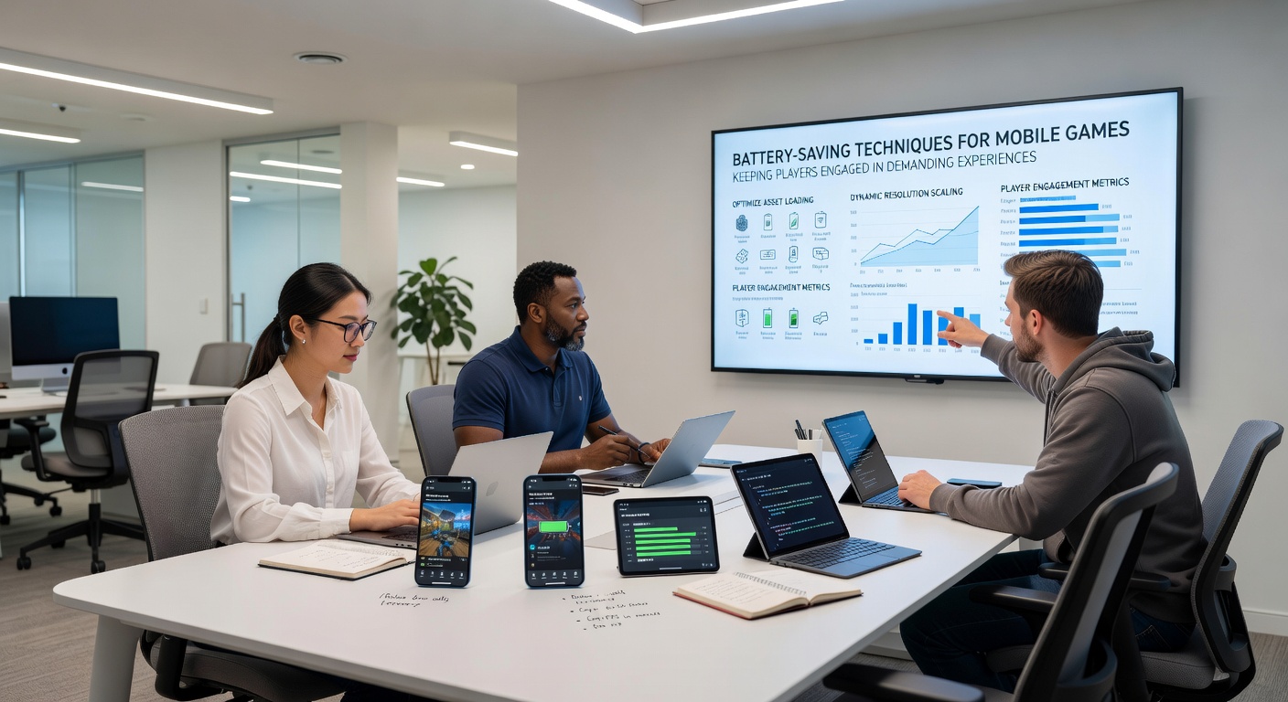 Developers analyzing power consumption graphs from mobile devices running optimized game builds
