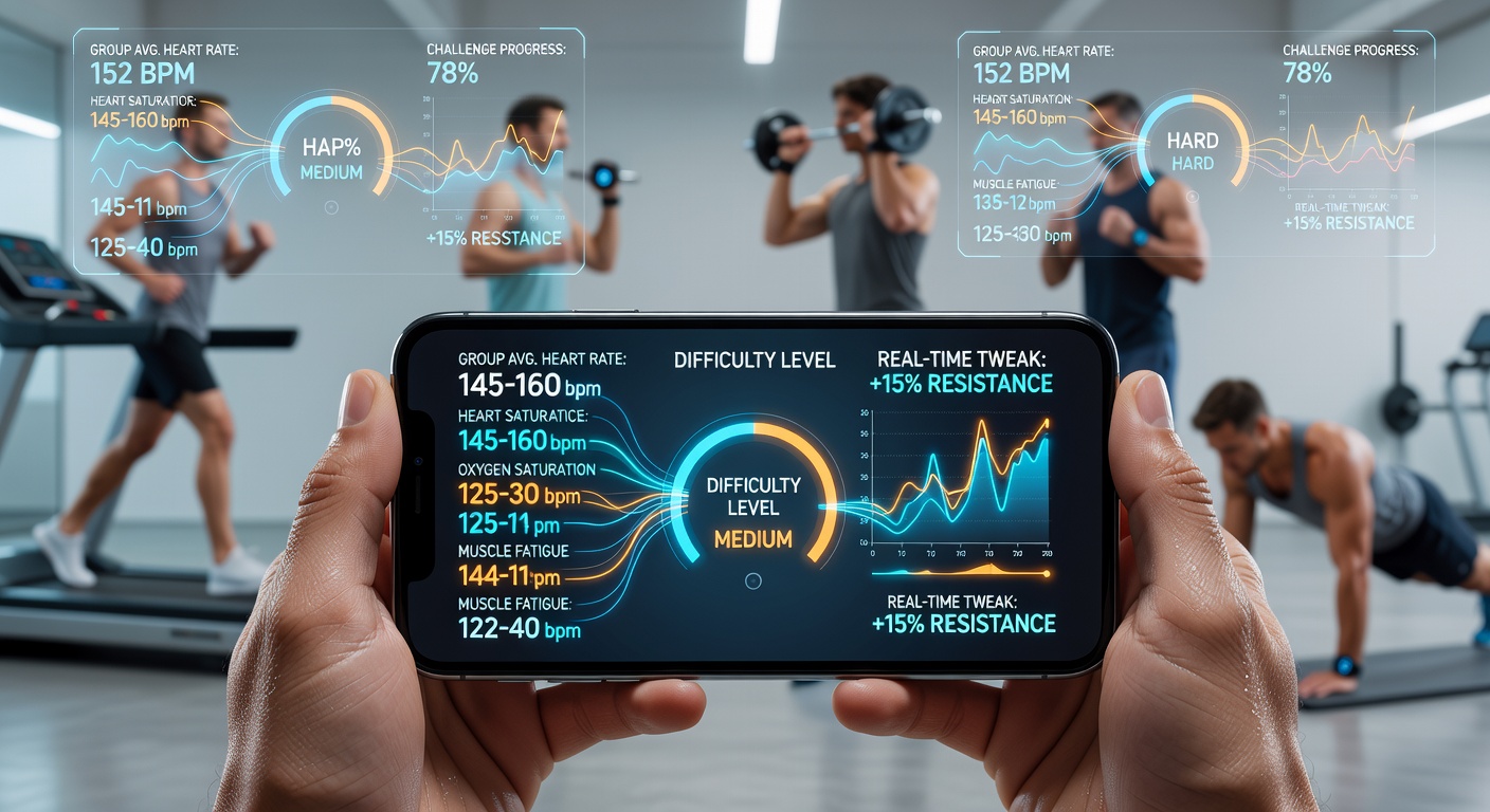 Group of athletes participating in a synchronized mobile fitness challenge with overlaid biometric feedback on their devices