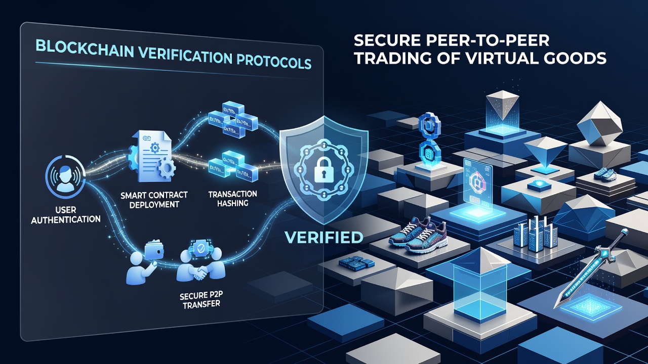 Diagram showing cryptographic verification steps between two mobile devices during a virtual goods exchange