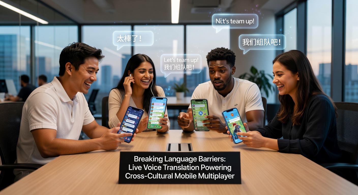 Diverse group of mobile gamers from various countries laughing and coordinating in a multiplayer session via real-time translated voice chat