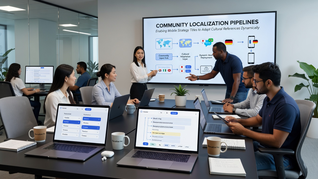 Developers reviewing community-submitted cultural adaptations on dashboards for mobile strategy updates