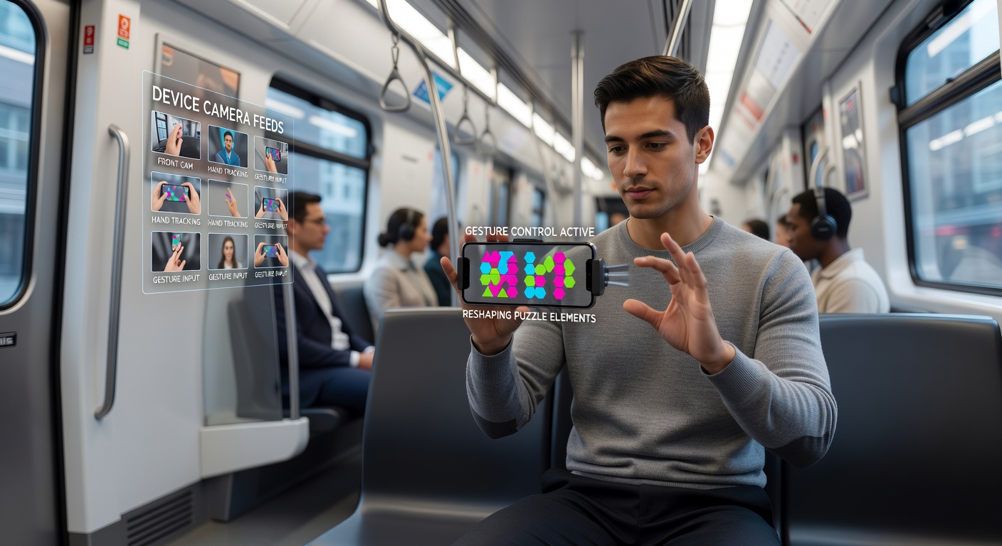 Smartphone camera capturing hand gestures during a commute puzzle session in a casual mobile game