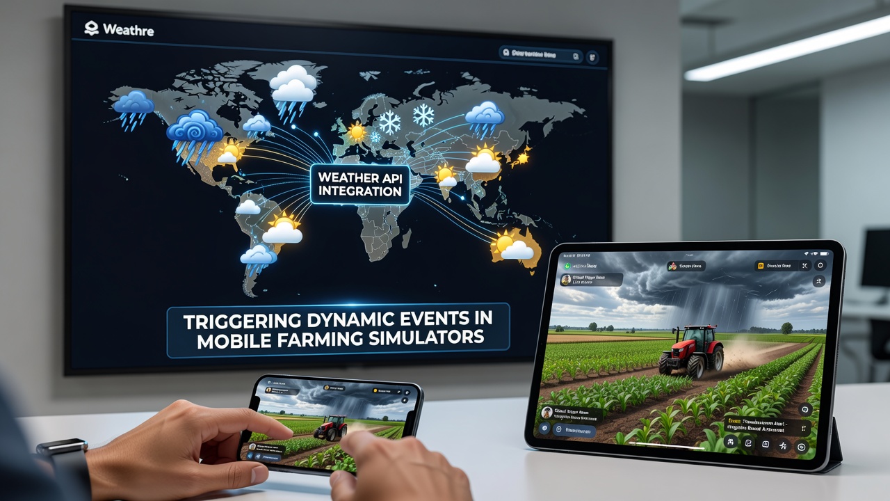 Mobile farming simulator interface displaying real-time weather data overlays on crop fields during a storm event