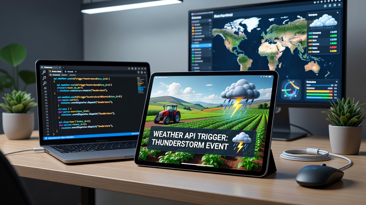 Global map overlay in a mobile farming app showing synchronized weather events affecting player farms in multiple continents