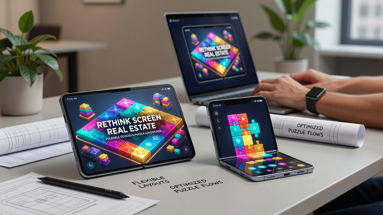 Foldable smartphone displaying a mobile puzzle adventure game with expanded screen layout when unfolded