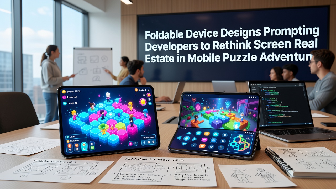 Close-up of a foldable device showing a puzzle interface split across the unfolded screen for enhanced spatial reasoning