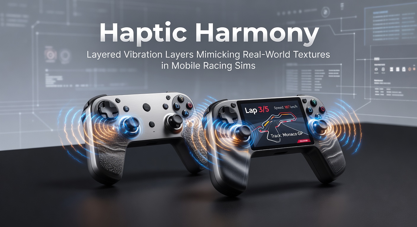 Close-up visualization of a mobile phone screen displaying a racing sim with overlaid haptic waveforms representing layered vibrations for road textures like gravel and asphalt.