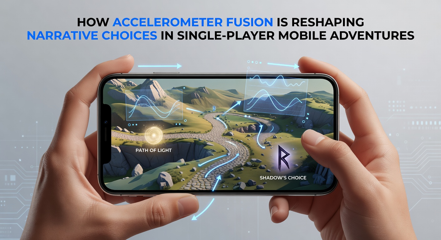 Mobile device demonstrating accelerometer fusion during interactive story decision in a single-player adventure game