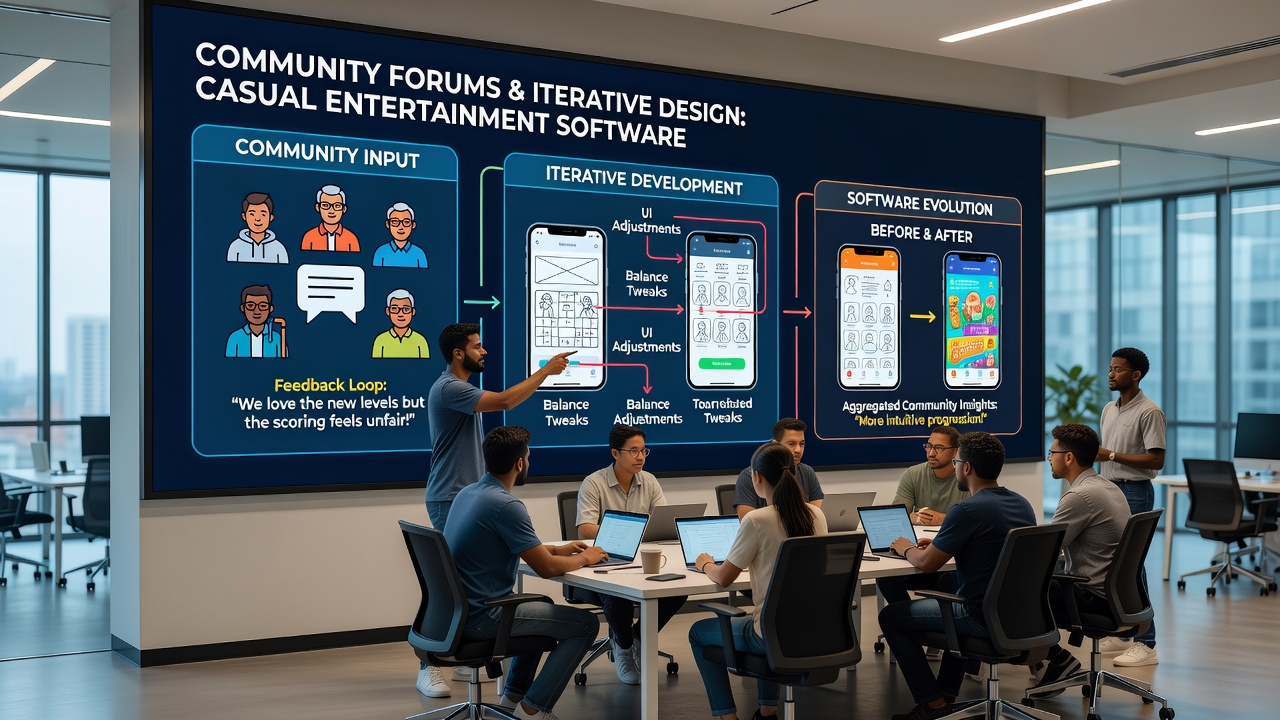 Developer team reviewing aggregated forum data and planning design iterations for casual software