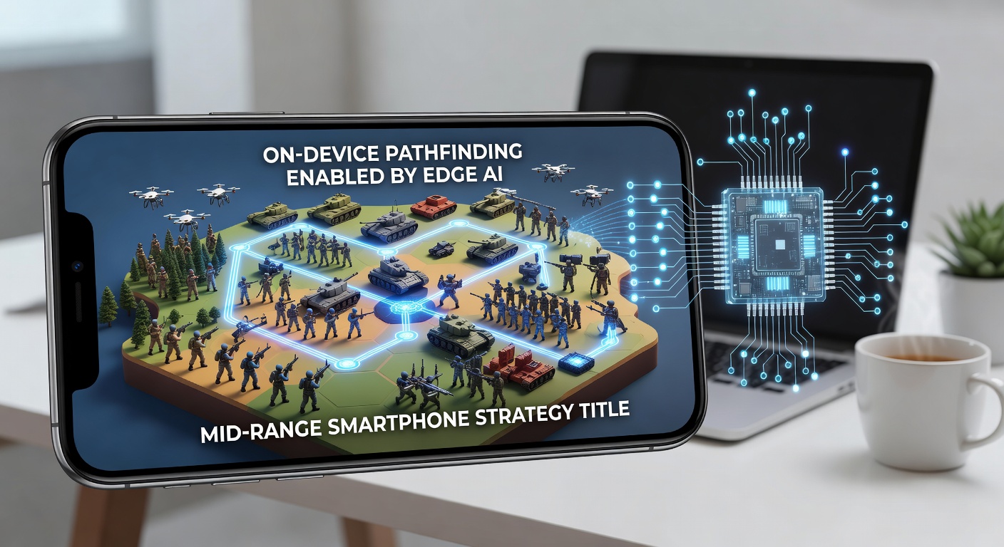 Edge AI chip processing pathfinding algorithms in a mobile strategy game interface on a mid-range smartphone