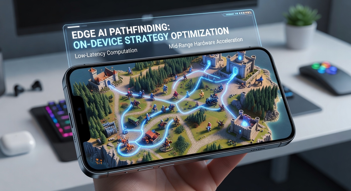 Smartphone screen displaying complex strategy game with multiple units navigating terrain using on-device AI pathfinding
