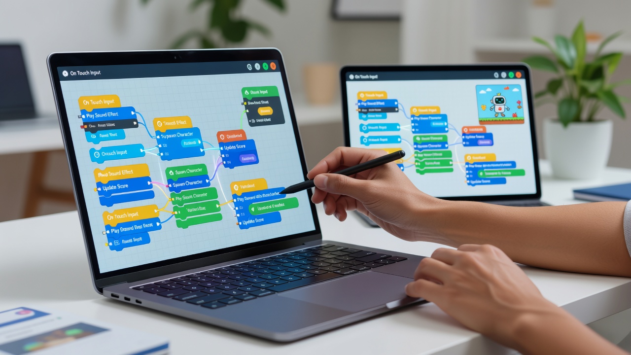 A person using a visual scripting interface on a tablet to build mobile game logic with connected nodes and event flows