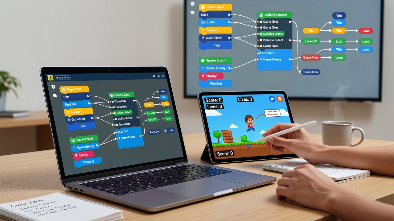 Close-up of connected nodes in a visual scripting canvas showing game event logic for a mobile title