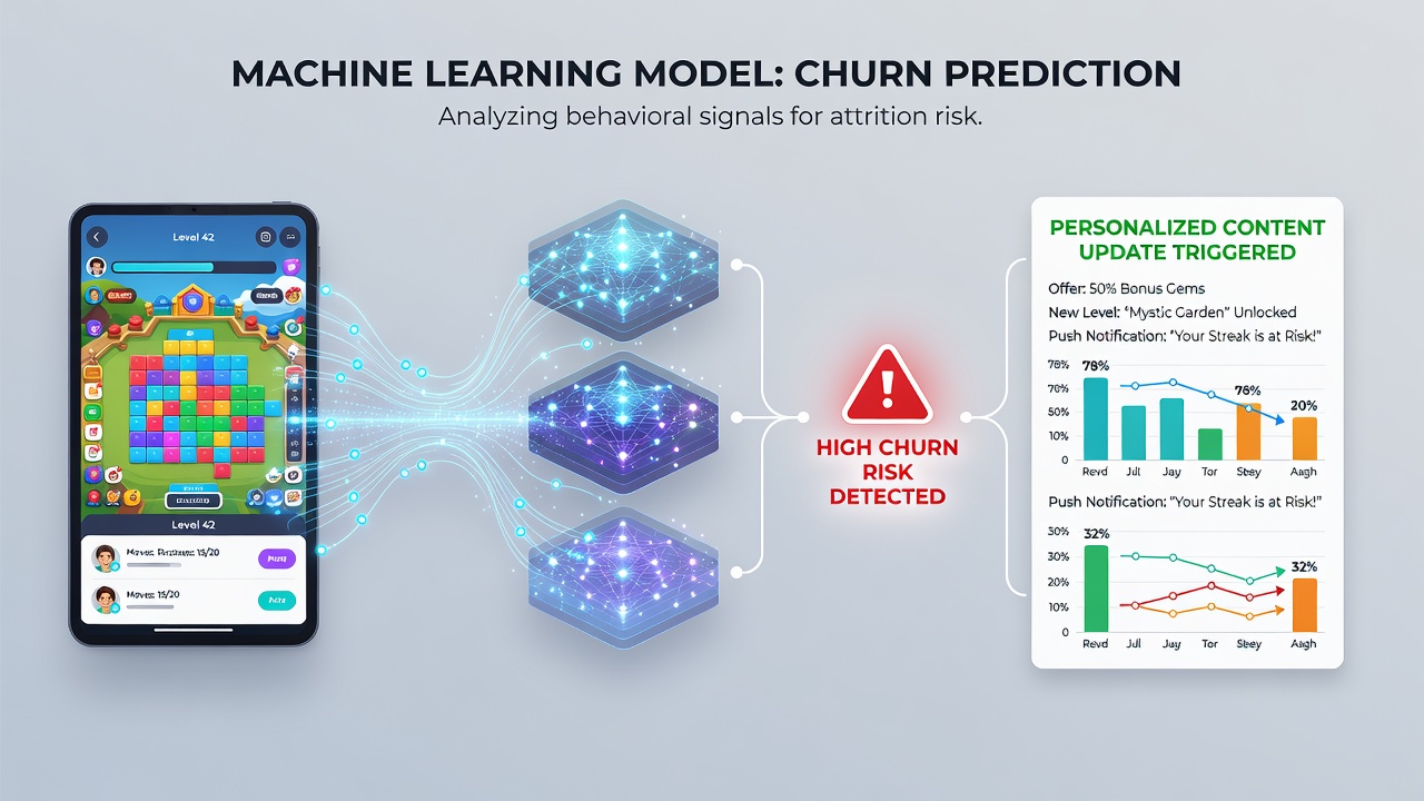 Machine learning dashboard displaying churn prediction metrics and player engagement graphs for casual mobile games