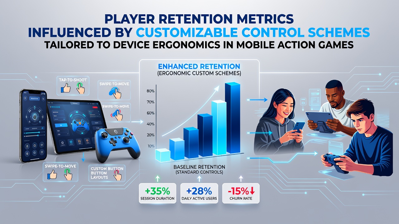 Mobile action game interface showing customizable control layout options on a smartphone screen with ergonomic grip indicators