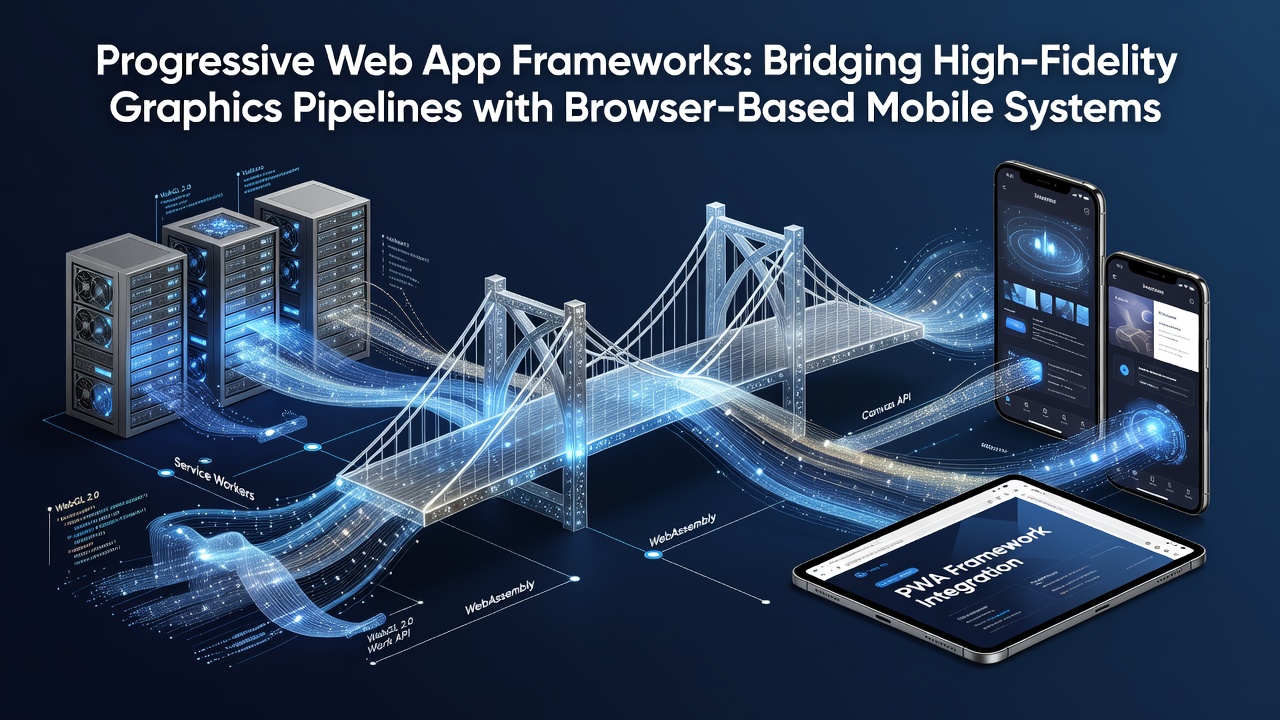 Diagram showing data flow between web app frameworks, graphics rendering, and low-bandwidth mobile strategy sessions