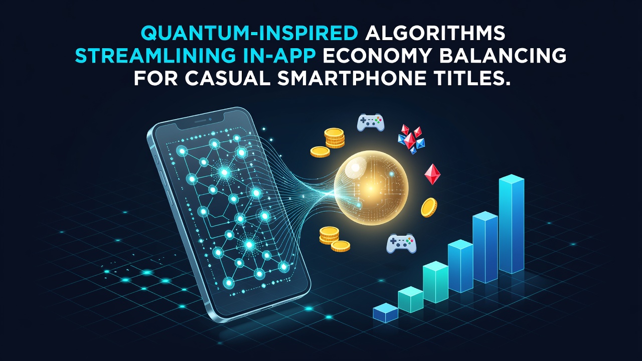 Developers analyzing quantum-inspired optimization models for mobile game economies on smartphone screens