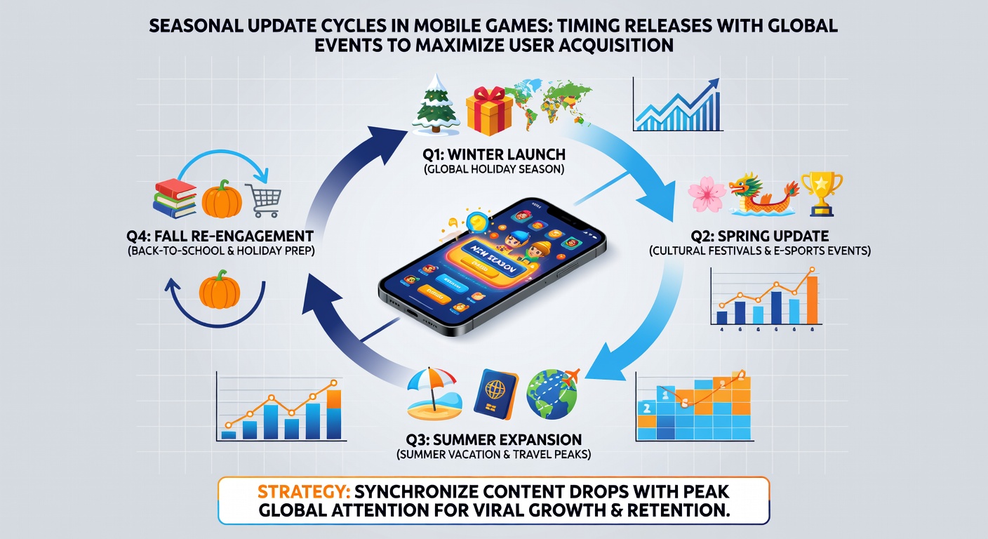 Analytics dashboard displaying user acquisition spikes aligned with major global events and seasonal mobile game updates