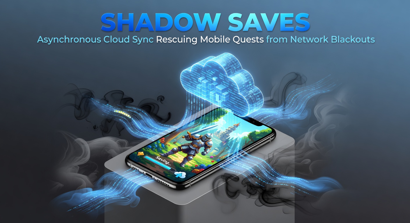 Illustration of a mobile gamer's quest progress syncing seamlessly through network interruptions, with shadow files bridging the gap between local device and cloud server