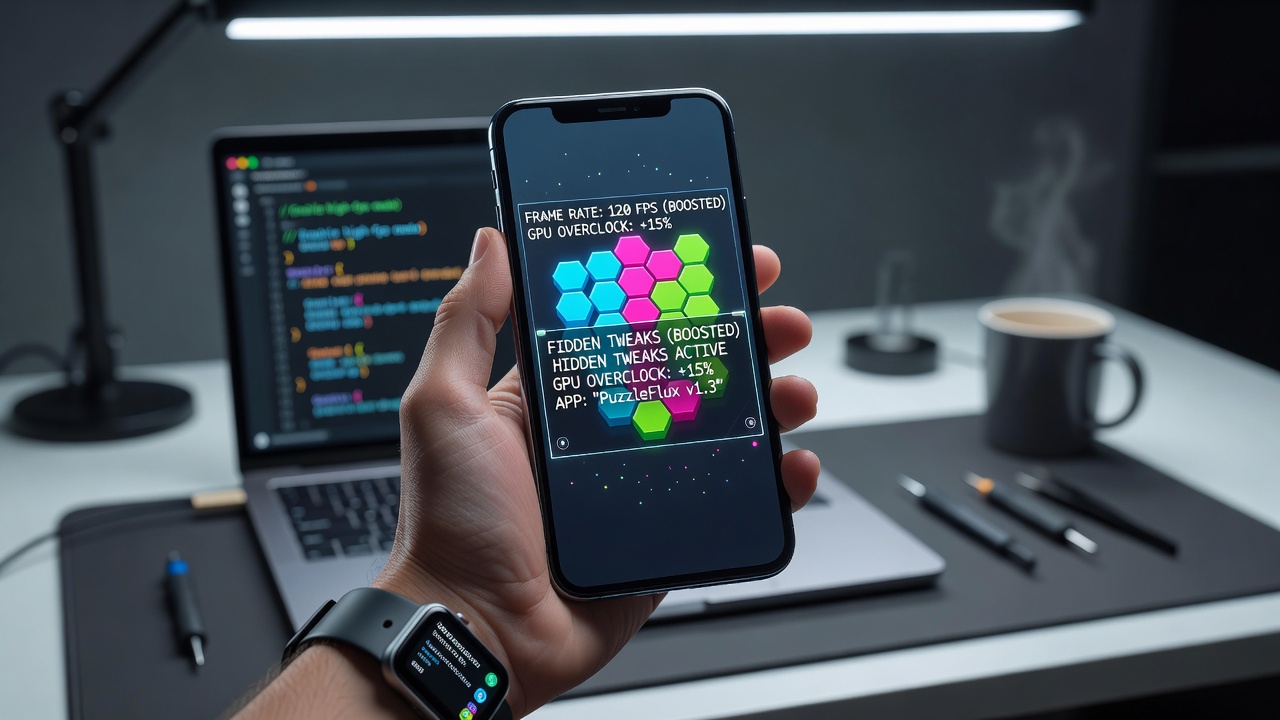 Smartphone displaying an indie puzzle app with enhanced frame rate visualization