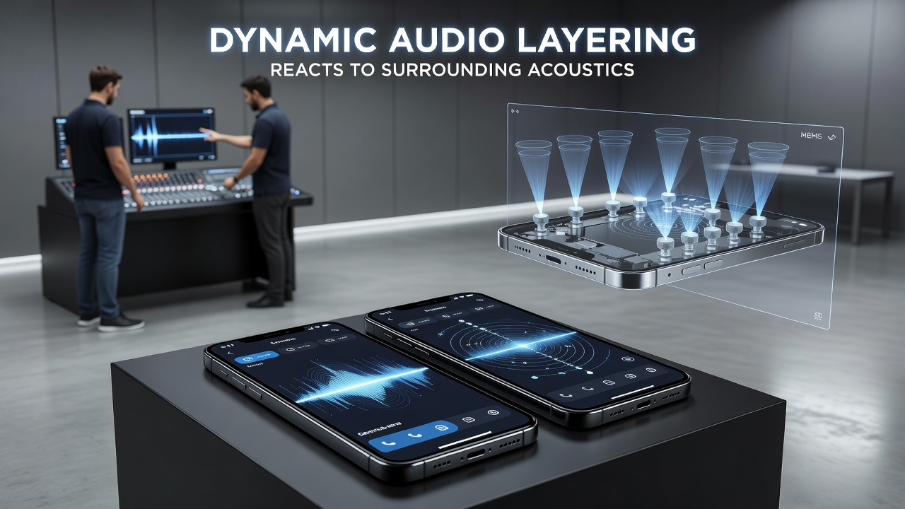 Mobile game interface displaying real-time audio layering adjustments based on captured room acoustics