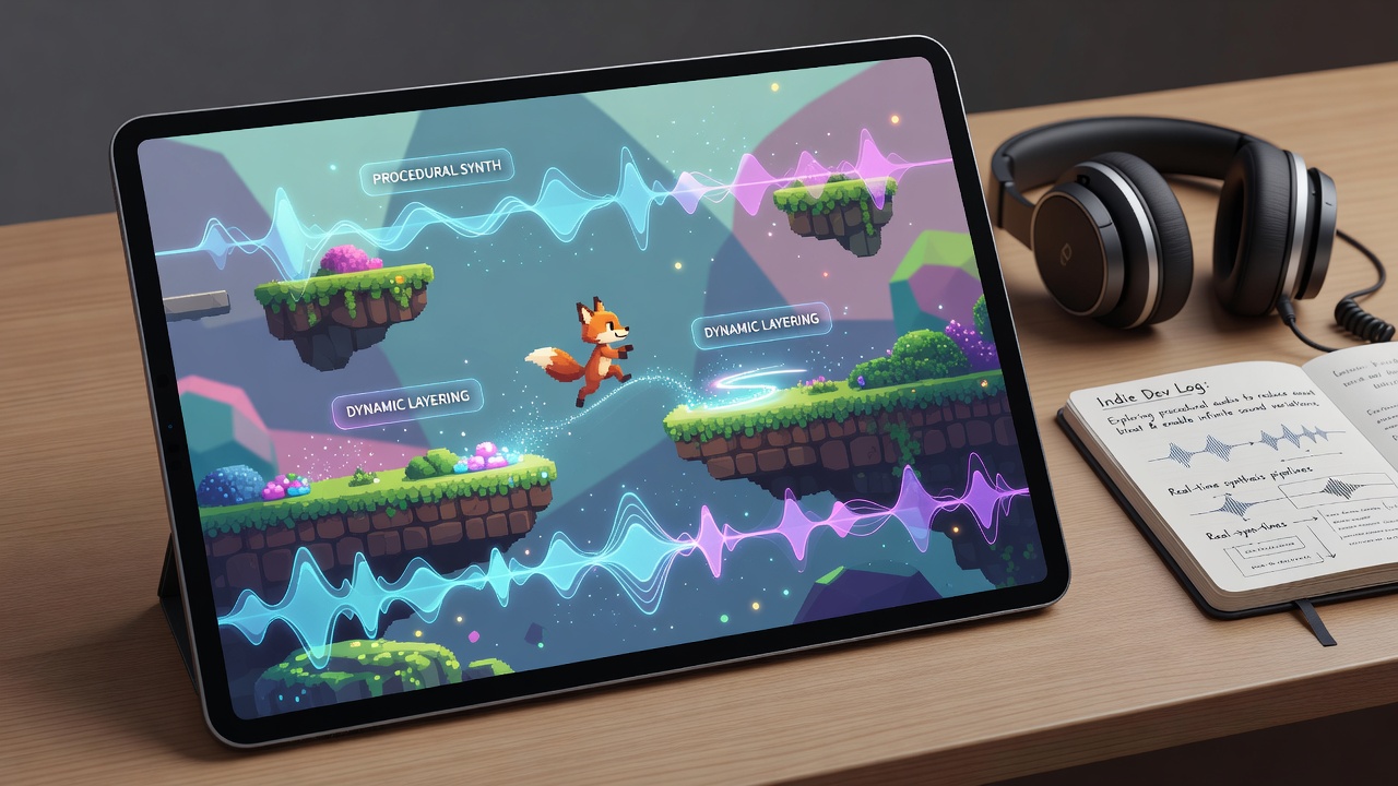 Indie developer testing procedural sound layers in a mobile platformer prototype on multiple devices