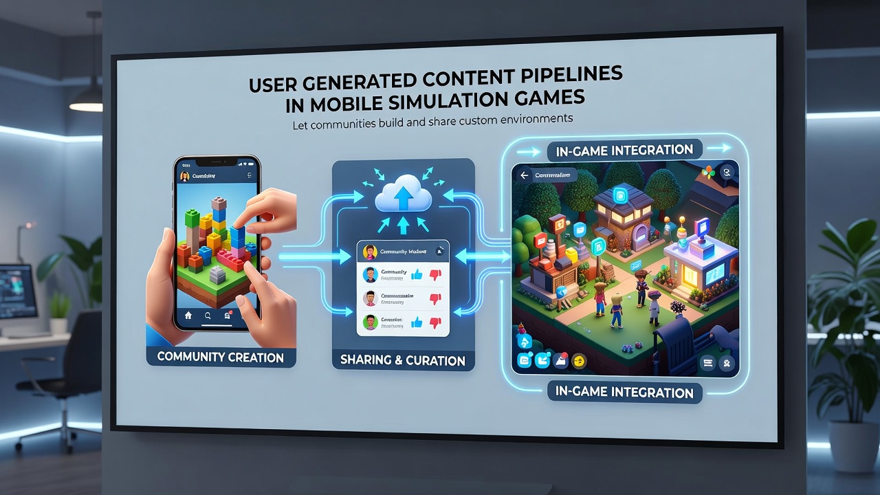Players collaborating on custom content within a mobile simulation game's editing interface