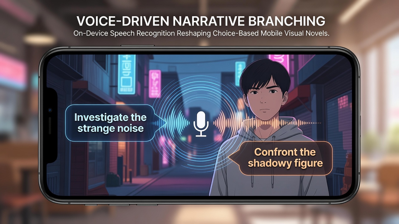 Mobile visual novel interface displaying voice input prompts during a narrative choice scene on a smartphone screen