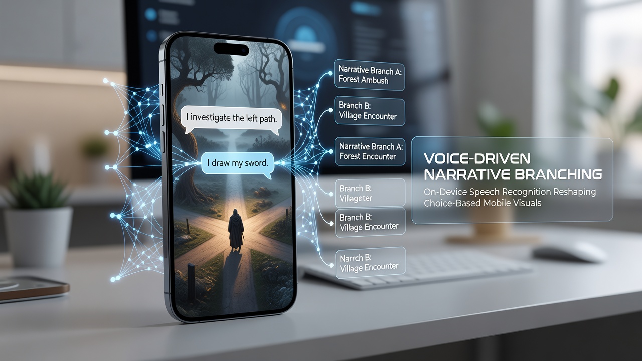 Close-up of a player speaking into a smartphone during a branching decision point in a visual novel app