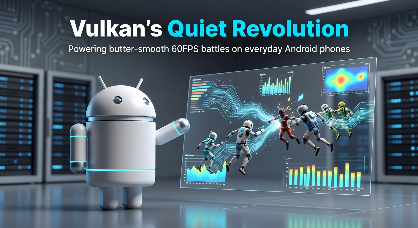 A mid-range Android phone displaying fluid 60FPS gameplay in a fast-paced battle royale title powered by Vulkan API, showcasing smooth character movements and explosive effects without stuttering