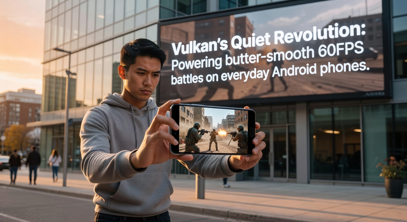 Performance comparison graph illustrating Vulkan versus OpenGL ES frame rates on mid-range Android devices during prolonged gaming sessions, with Vulkan lines staying flat at 60FPS while others dip